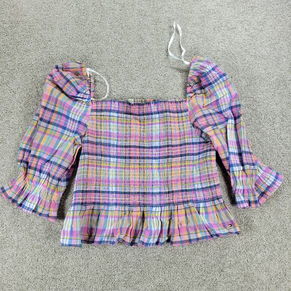 Tommy Hilfiger Smocked Plaid Top Womens XL Pink Puff Sleeve Cropped Peplum New - Picture 11 of 13